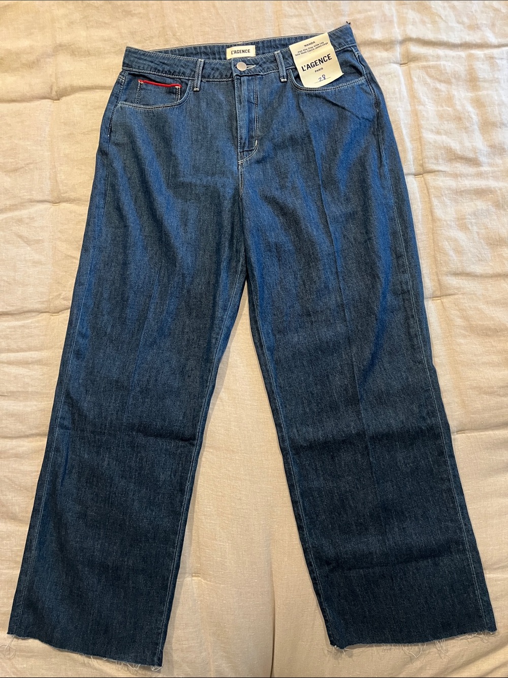 L'AGENCE Women's High Rise, Crop, Wide Leg  Jeans in Deep Blue Denim